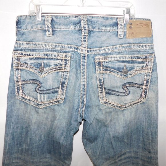 Silver Mens 34 / 32 Flap Jeans Blue Loose Fit Straight Leg Distressed - Picture 13 of 15